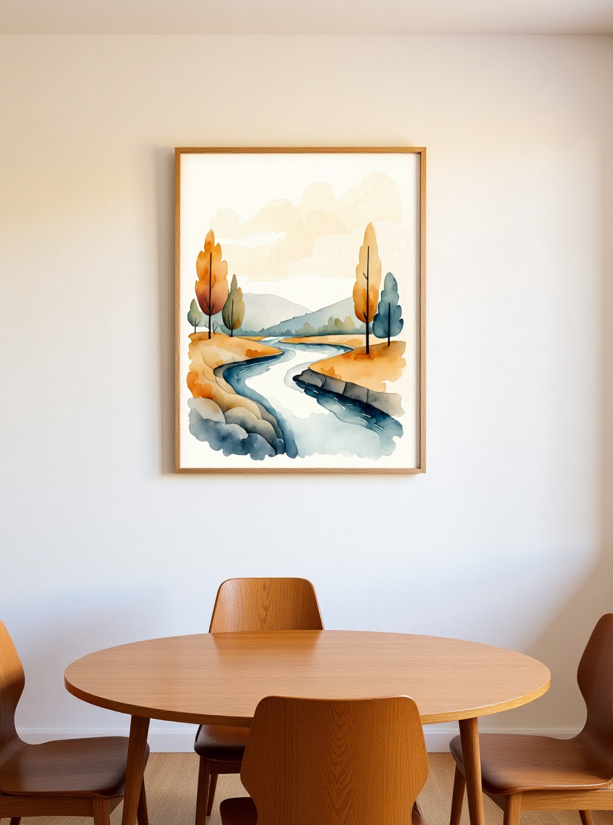 Framed landscape painting on a wall above a wooden dining table with chairs.