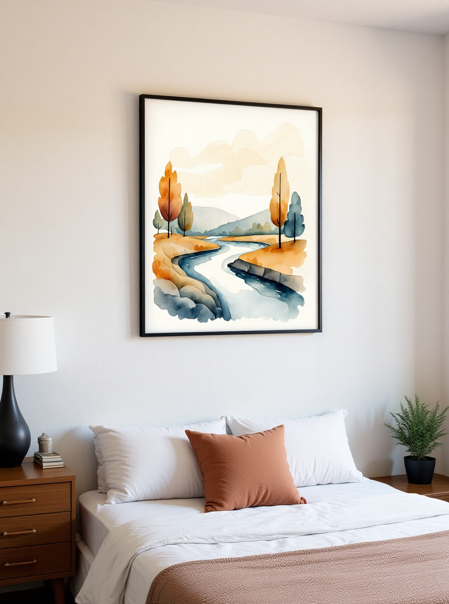 Framed landscape painting above a bed in a bedroom setting