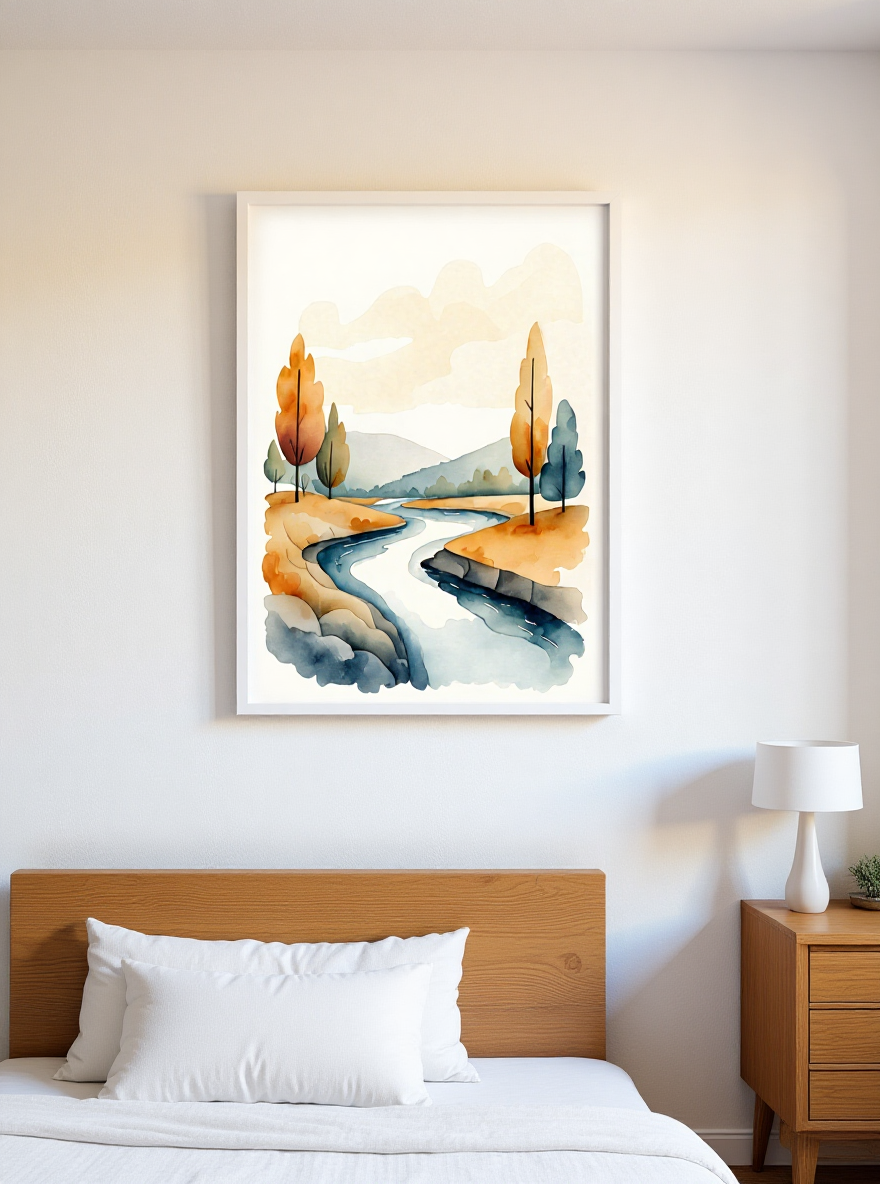 Framed landscape painting above a bed in a bedroom