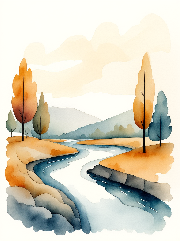 Colorful illustration of a landscape with trees and a river