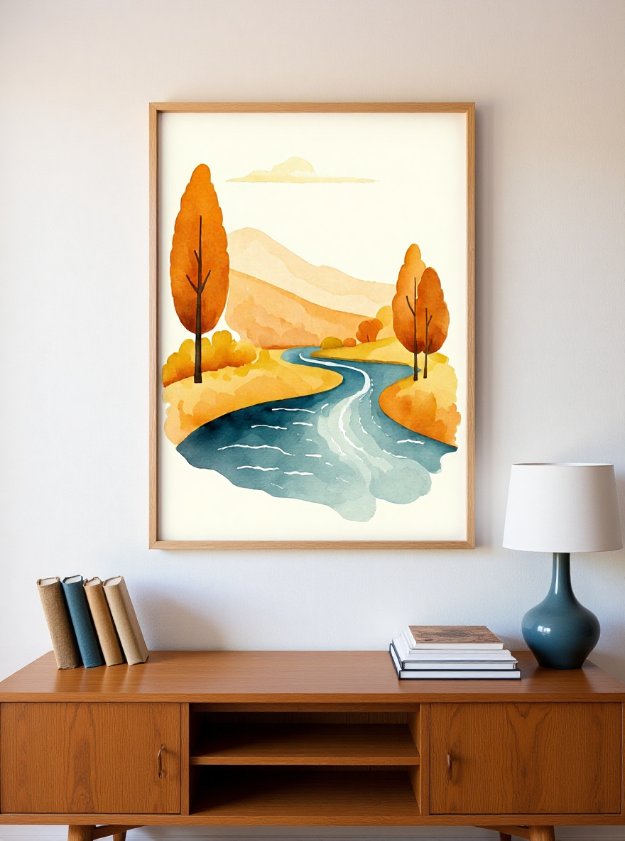 Framed landscape painting above a wooden console table in a living room.