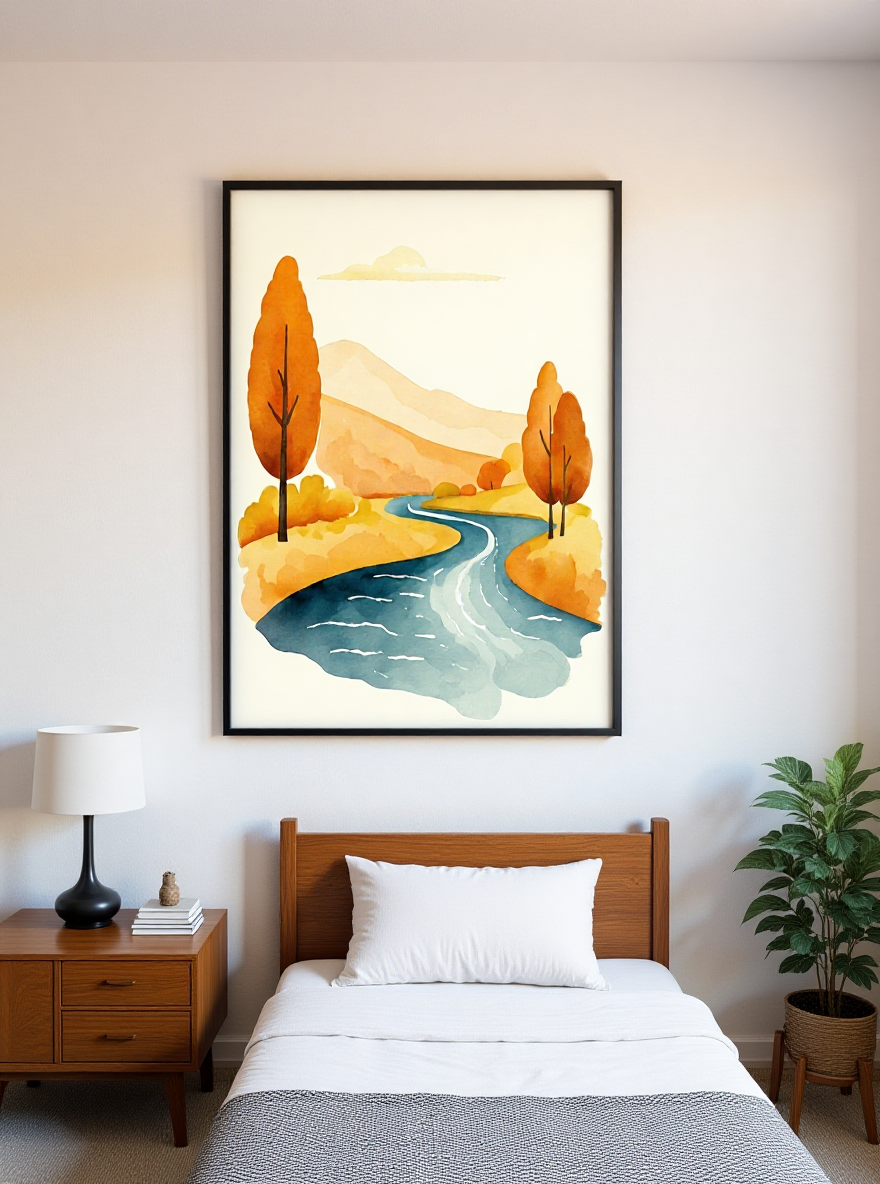 Framed artwork of a landscape with trees and a river above a bed in a bedroom.