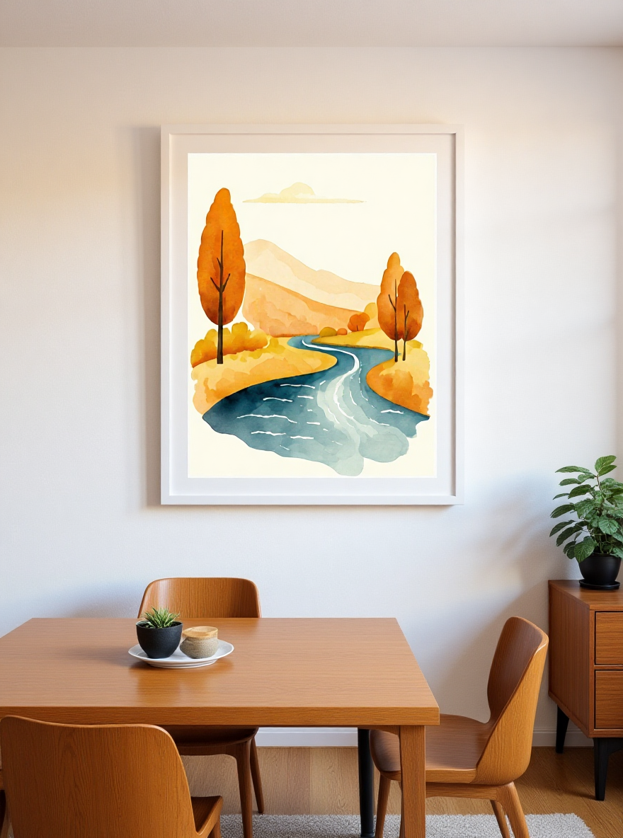 Framed artwork of a landscape with trees and a river above a wooden dining table with chairs.