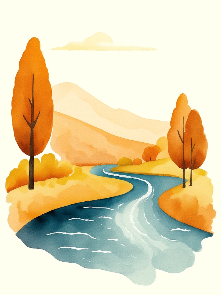 Illustration of a river flowing through a landscape with trees and mountains.