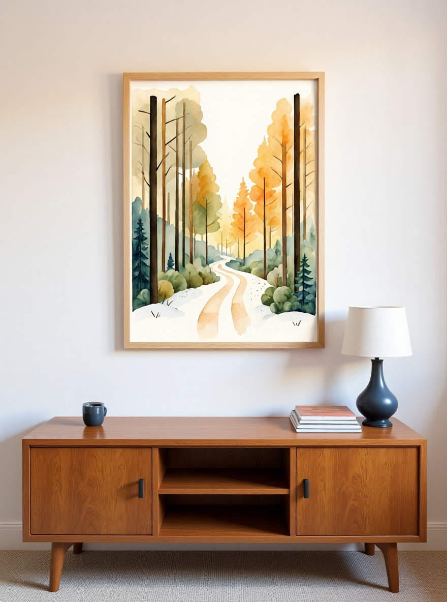 Framed artwork of a forest scene above a wooden cabinet with decorative items.