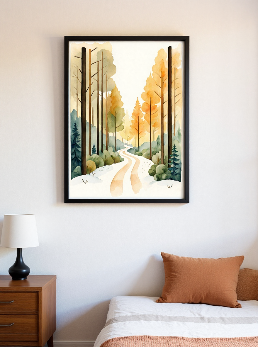 Framed artwork of a forest scene above a bed with a wooden nightstand.