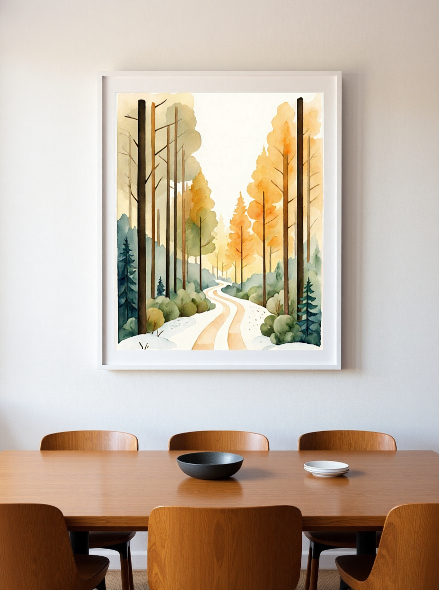 Framed artwork of a forest scene above a dining table with chairs.