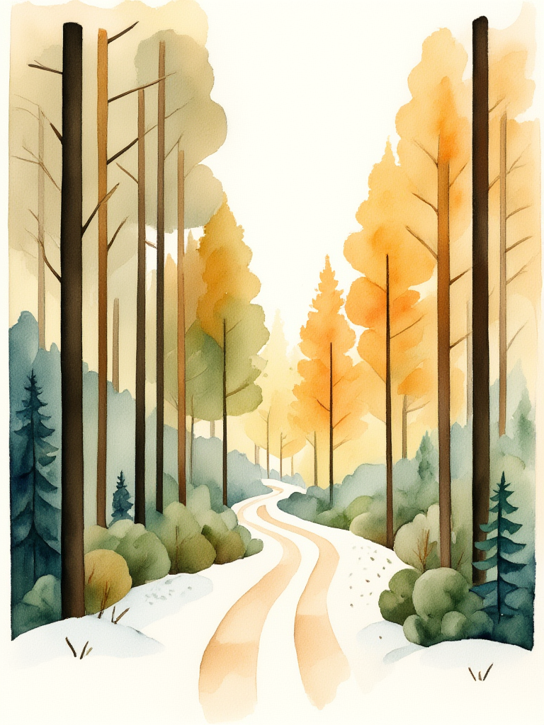Illustration of a forest path with autumn trees