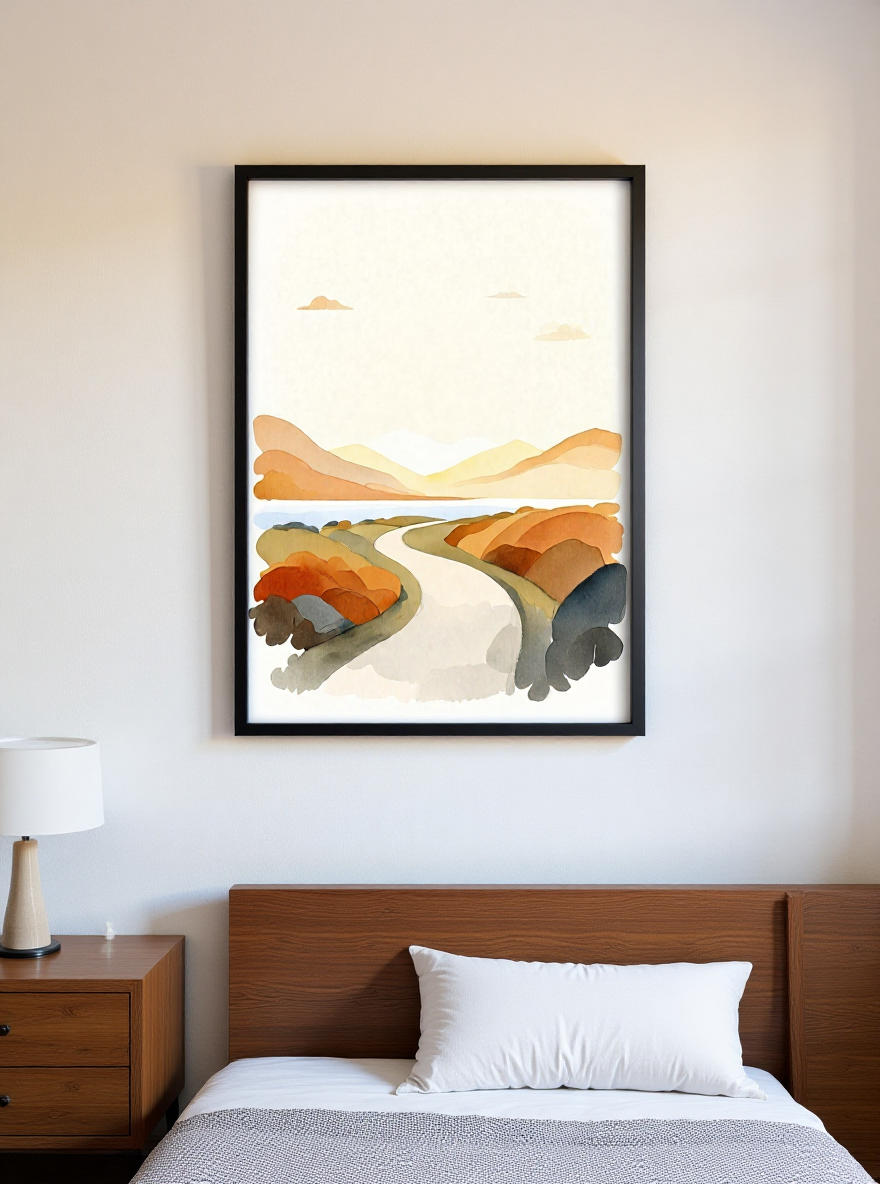 Framed abstract landscape art above a bed in a bedroom