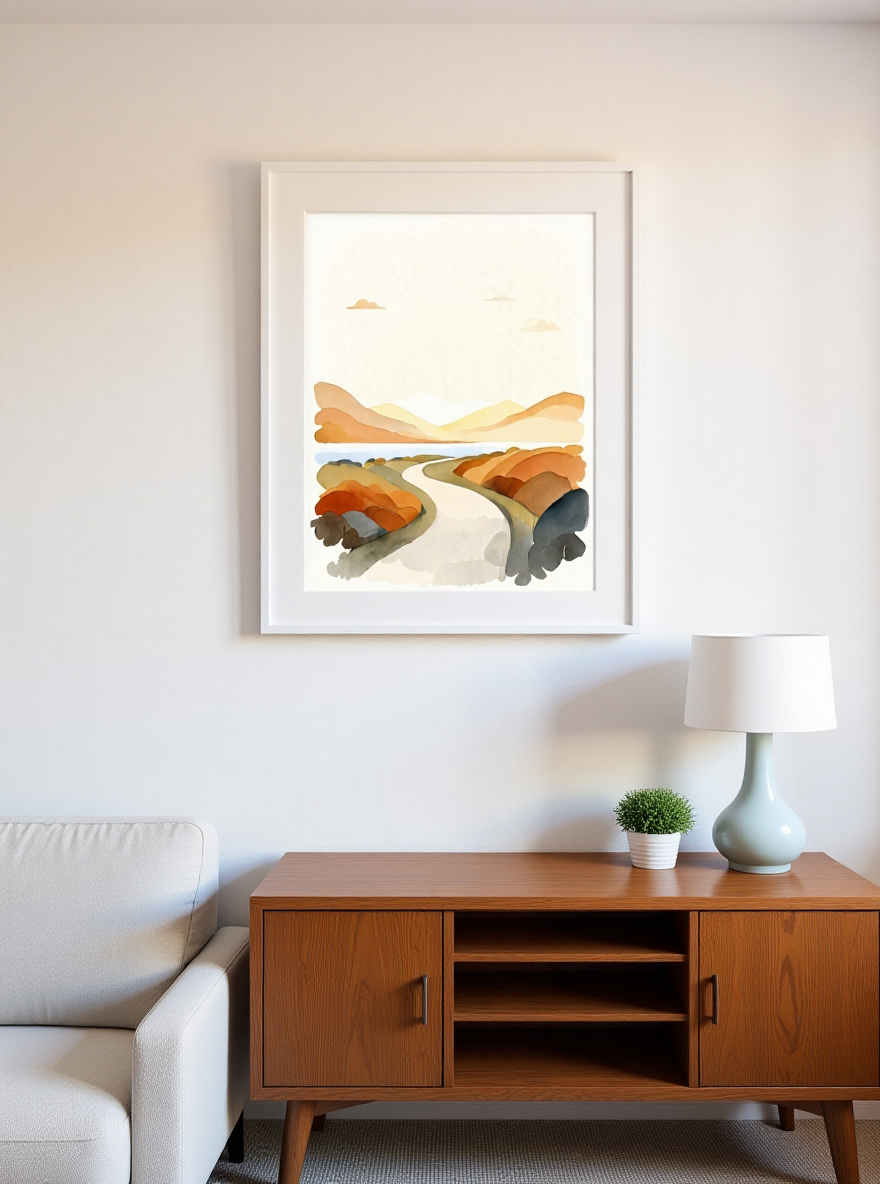 Framed abstract art piece on a wall above a wooden cabinet in a living room.