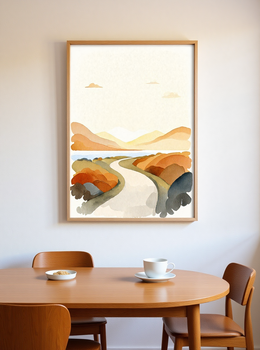 Framed abstract landscape art above a wooden dining table with chairs.