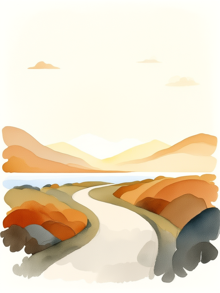 Simplified landscape with wavy lines in earthy tones on a white background