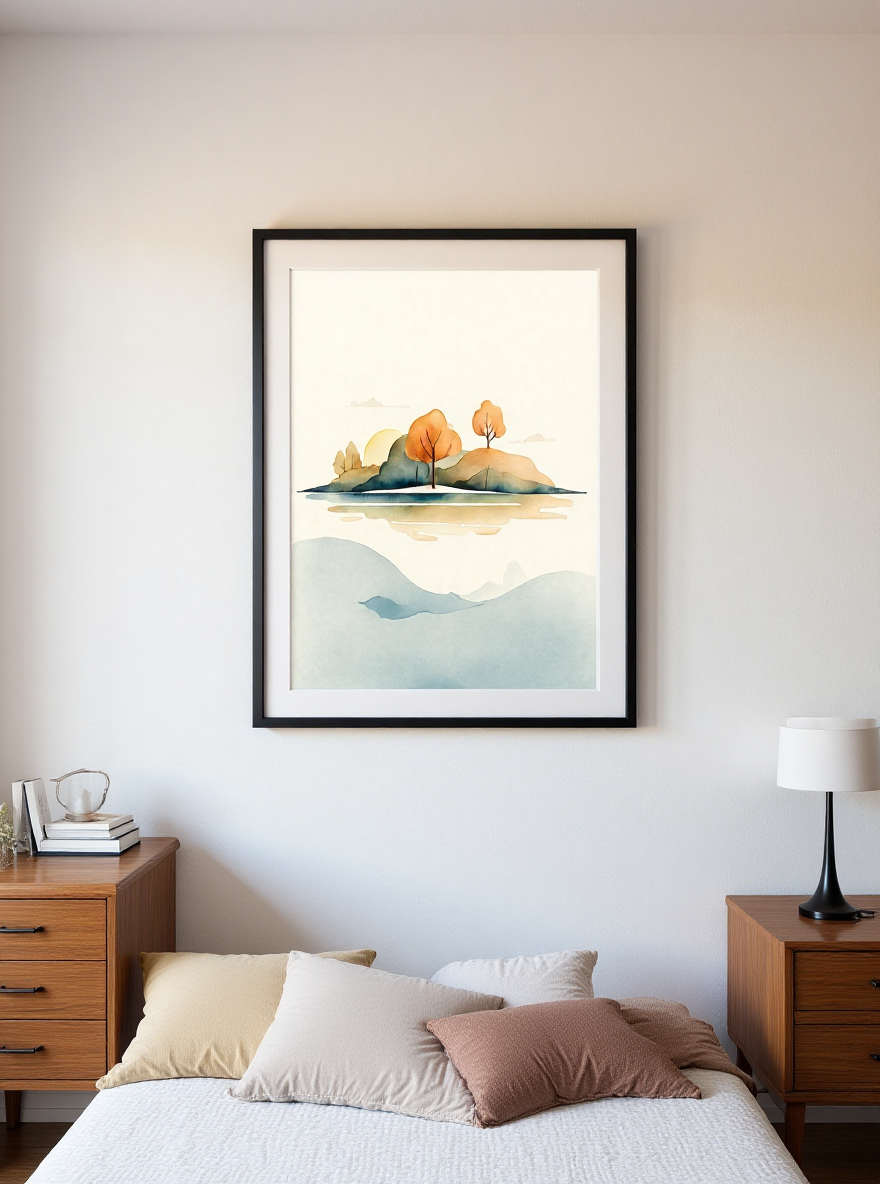Framed artwork of a mountain landscape above a bed in a bedroom.