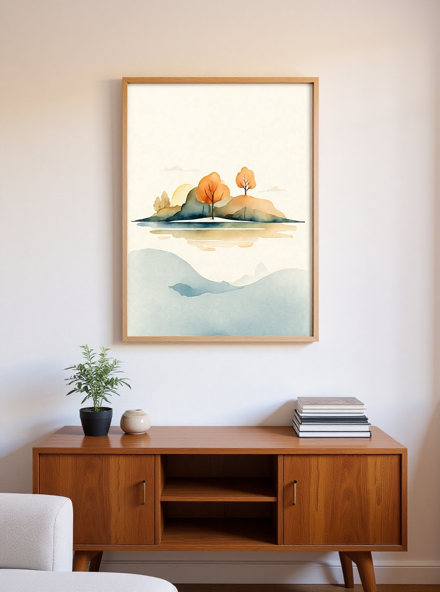 Framed artwork above a wooden cabinet with books and a lamp.