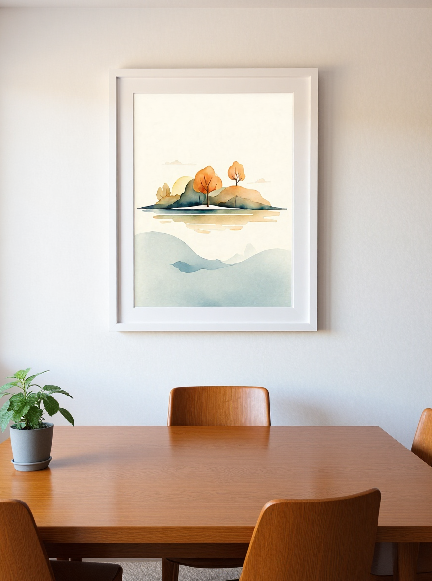 Framed landscape painting on a wall above a wooden table with chairs.
