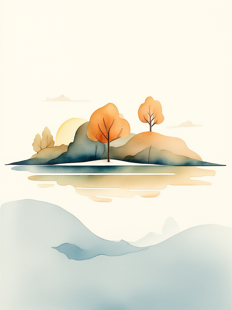Artistic depiction of trees on a hill with a reflective water surface