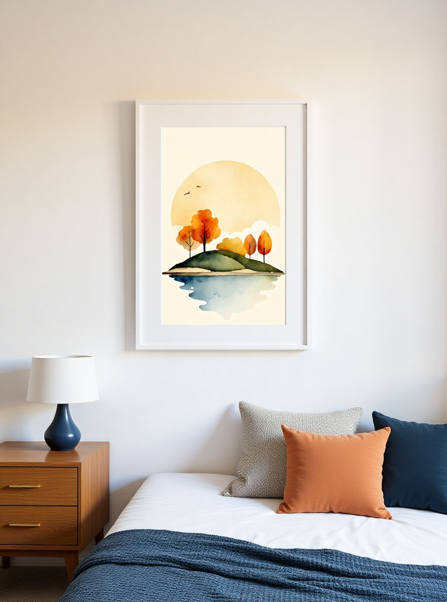 Framed artwork of a sunset over trees above a bed with colorful pillows.