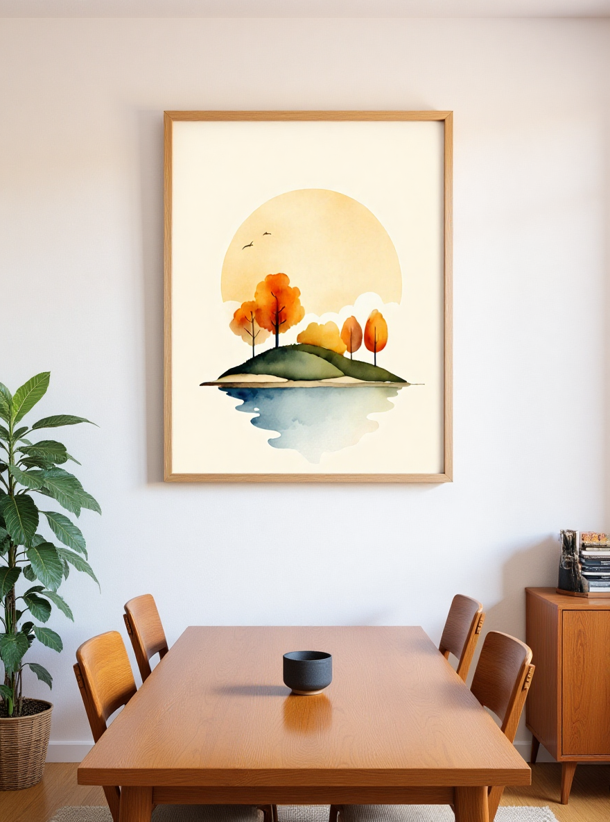 Framed artwork of a sunset over a mountain with trees in a dining room.