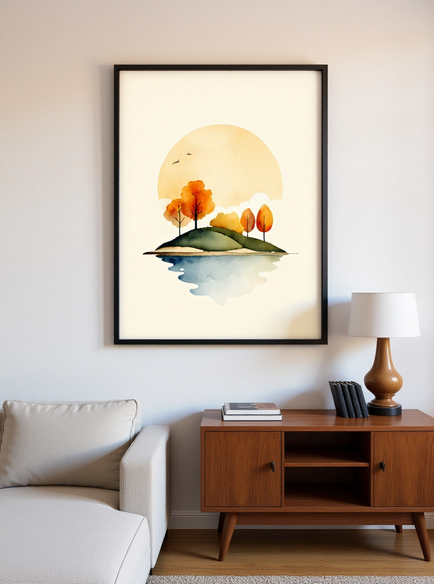 Framed artwork of a sunset over trees in a living room setting.