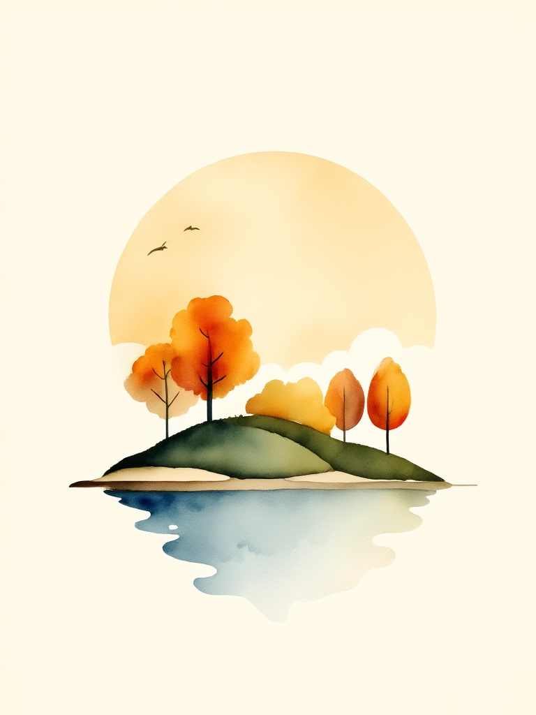 Illustration of a serene landscape with trees, a mountain, and a large sun on a white background