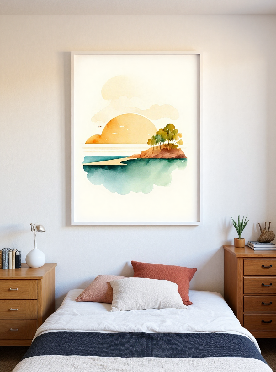 Framed artwork of a sunset over water with trees on a wall above a bed.