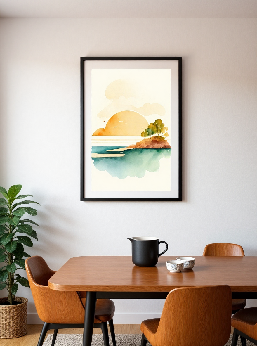 Framed artwork above a wooden dining table with chairs, featuring a scenic landscape.