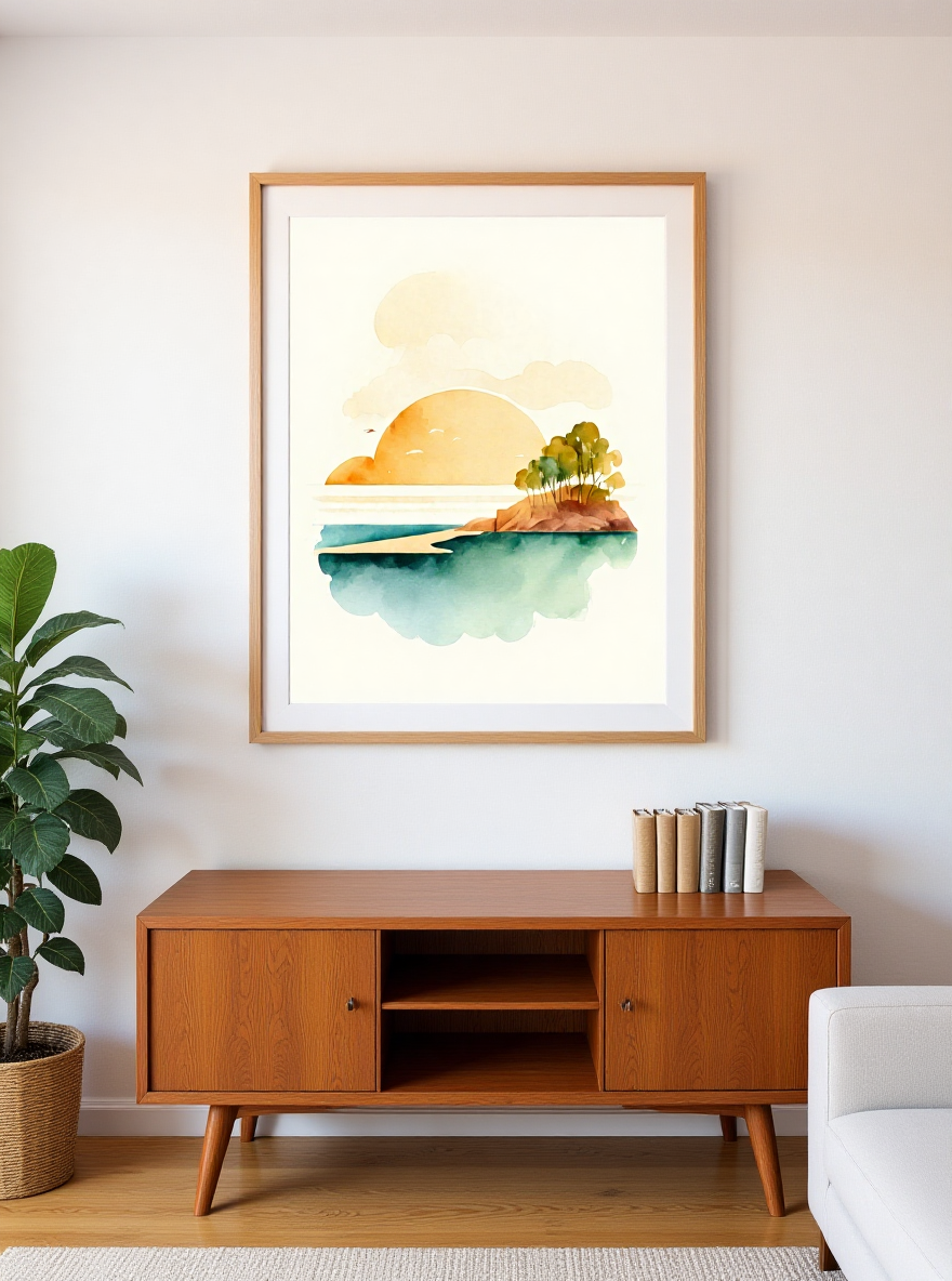 Framed artwork above a wooden cabinet in a room with a plant and white wall.