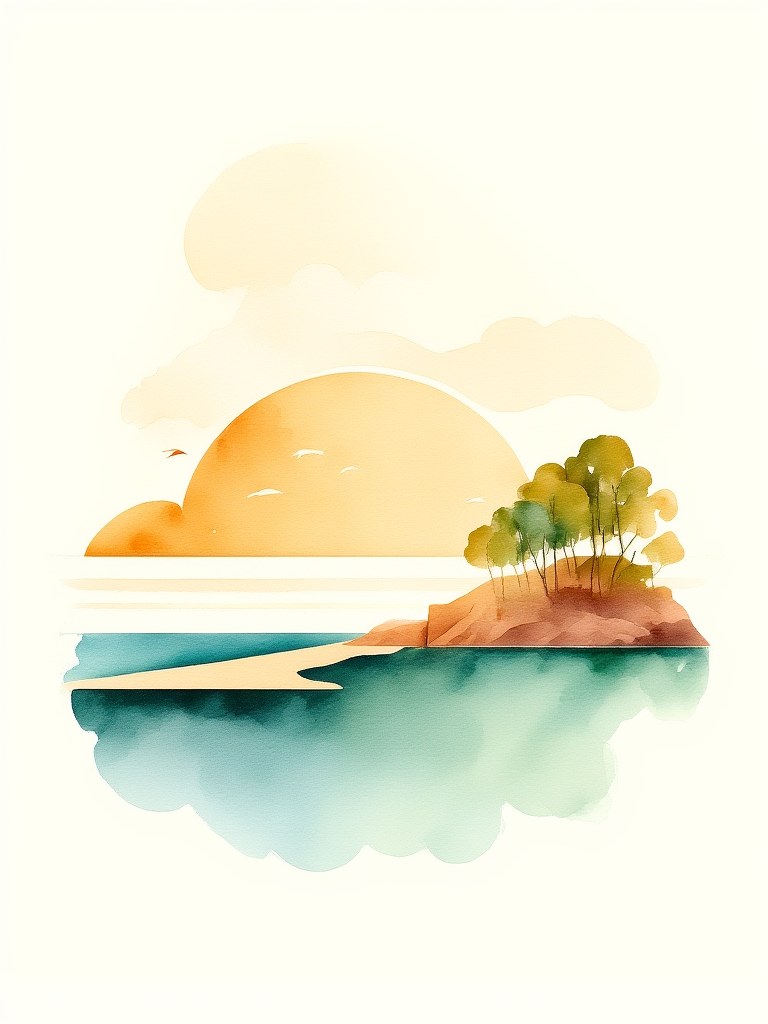 Illustration of a small island with trees and a sunset over water
