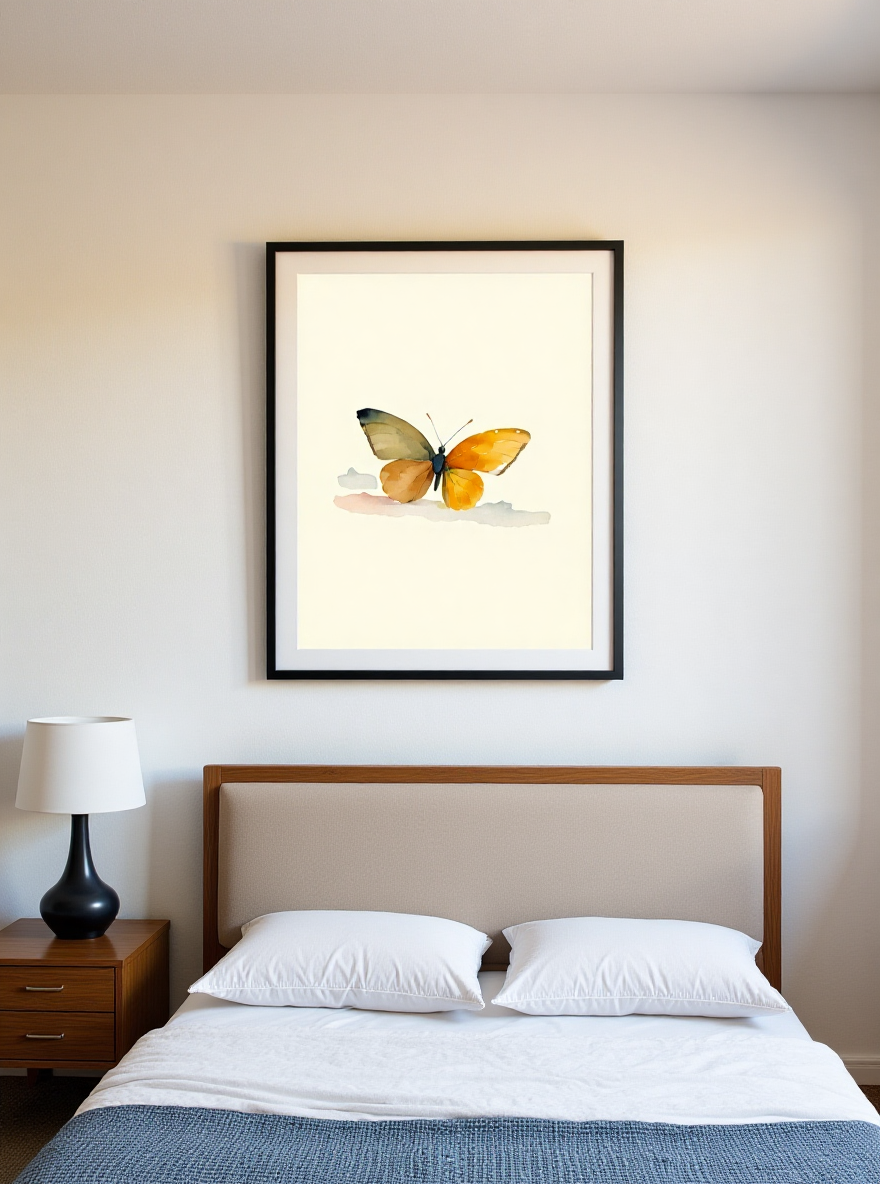 Framed butterfly artwork above a bed in a bedroom setting