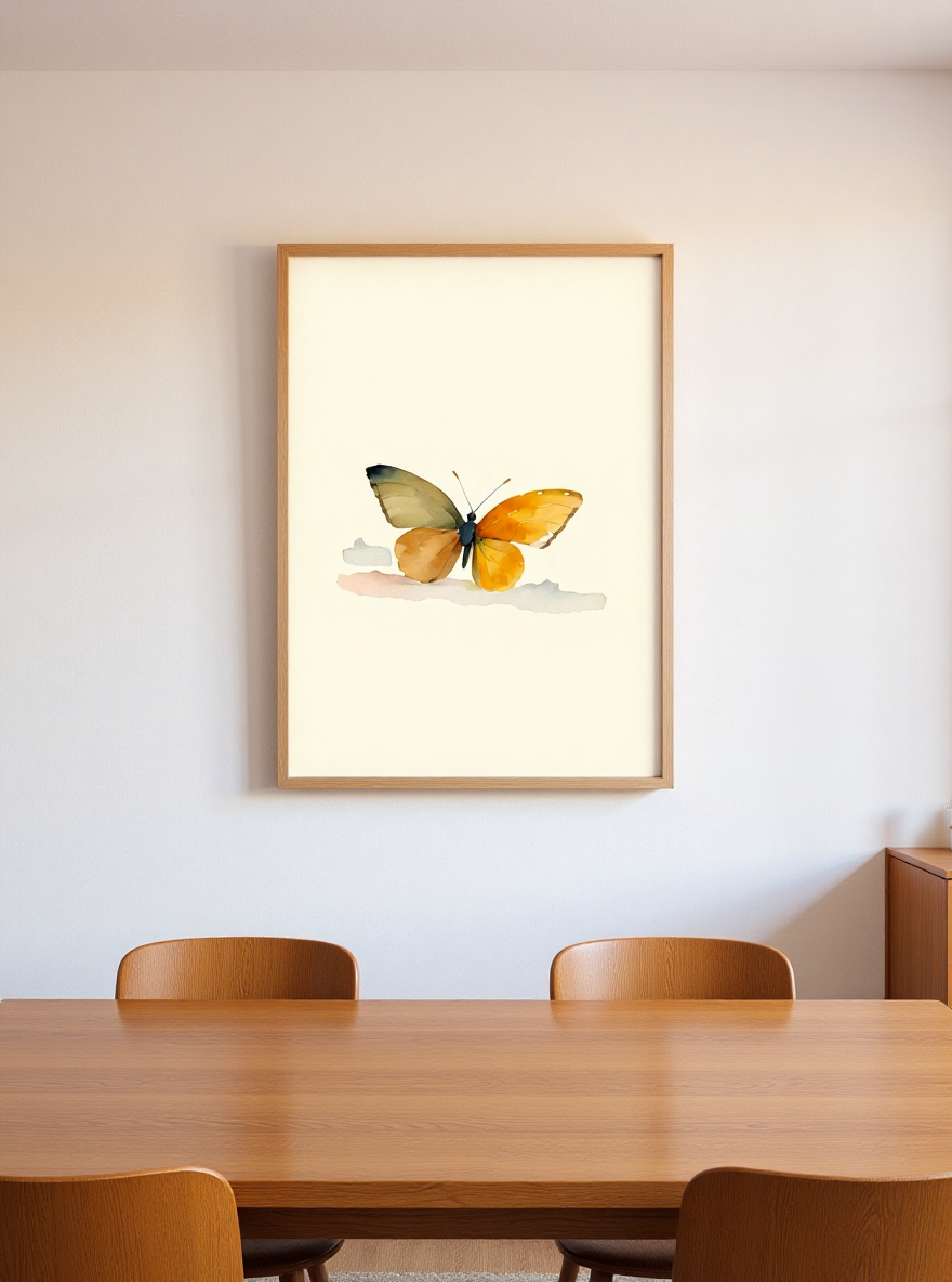 Framed butterfly artwork on a wall above a wooden table