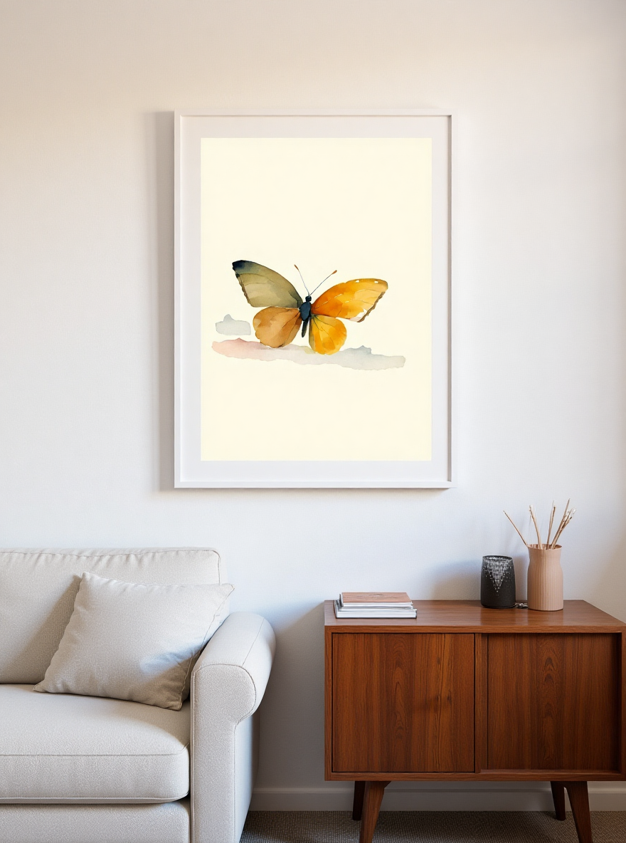Framed butterfly artwork on a wall above a wooden cabinet.
