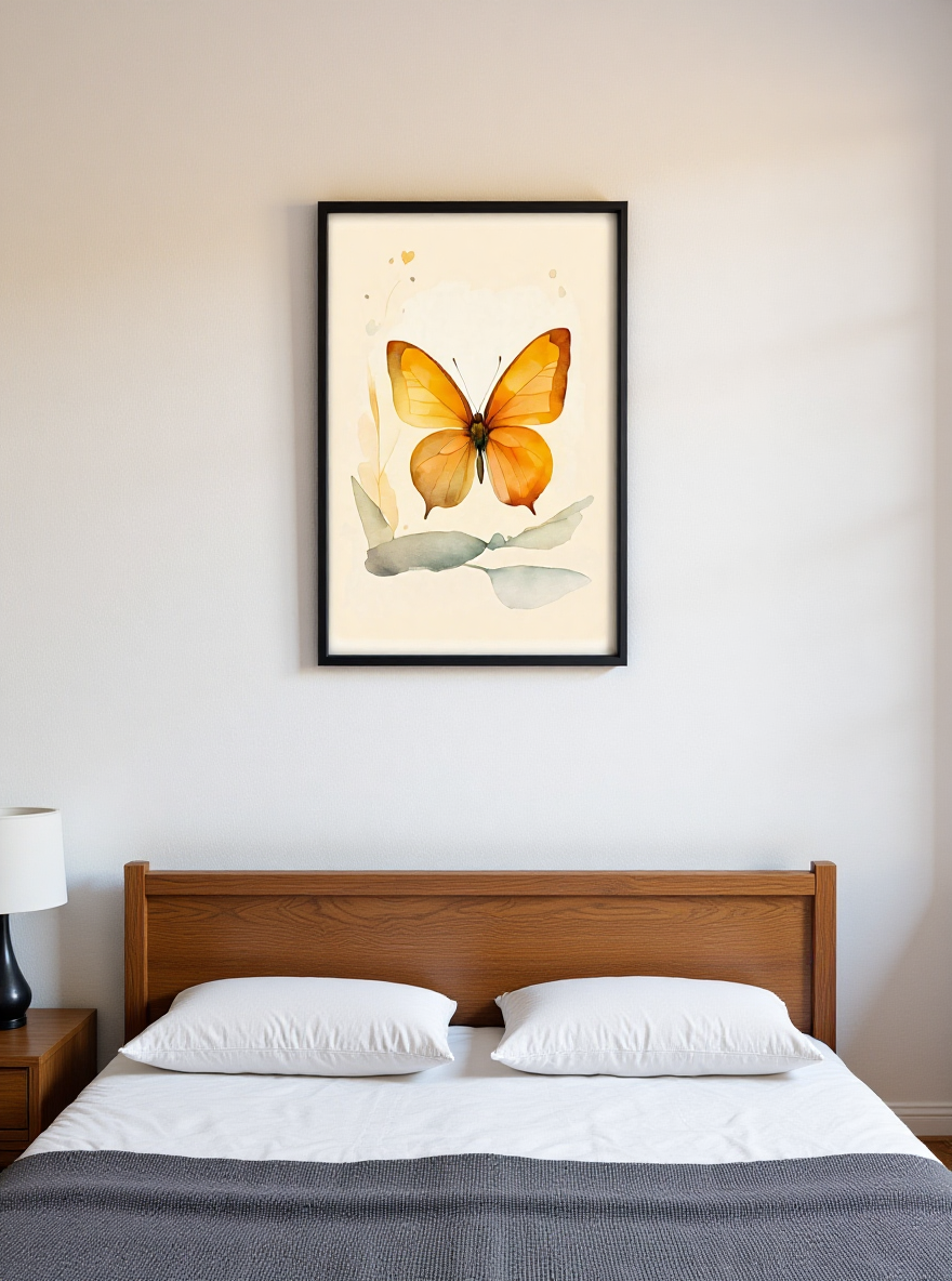 Framed butterfly artwork on a wall above a bed