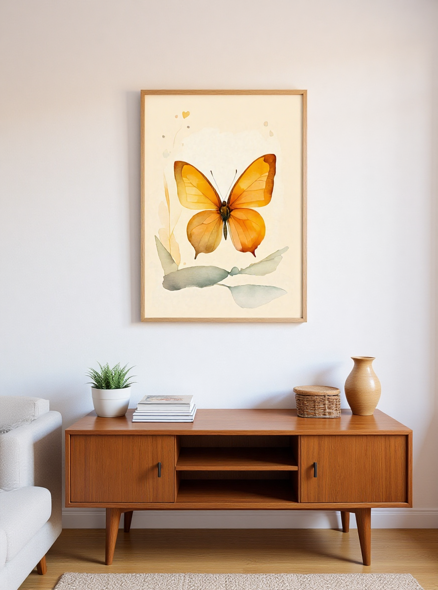 Framed butterfly artwork on a wall above a wooden console table in a living room.