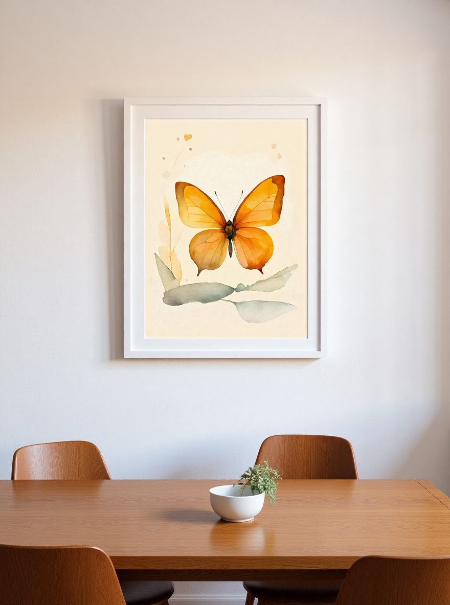 Framed butterfly artwork on a wall above a wooden table with chairs.