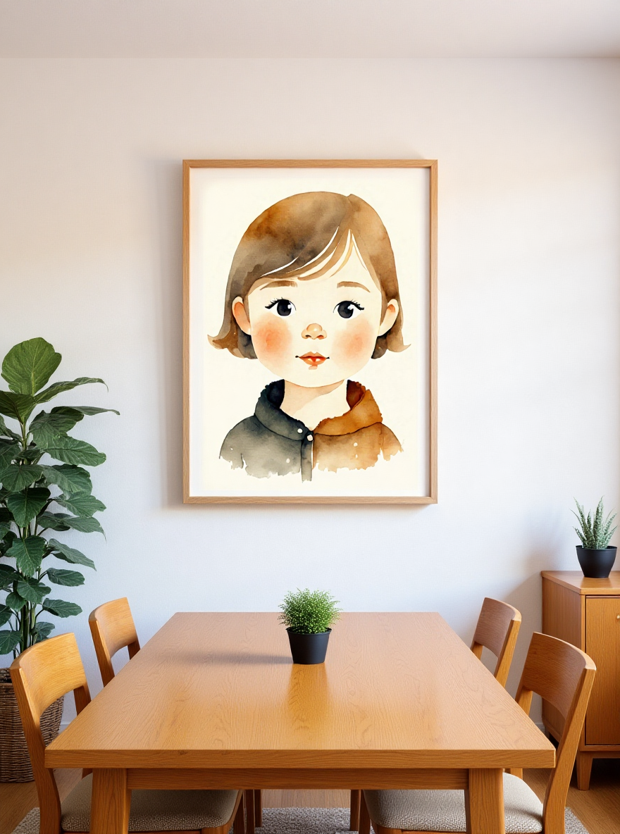 Framed artwork of a child's portrait above a wooden dining table with chairs.