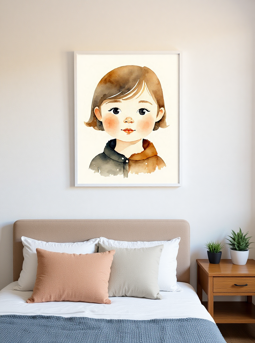 Framed watercolor painting of a child above a bed in a bedroom.