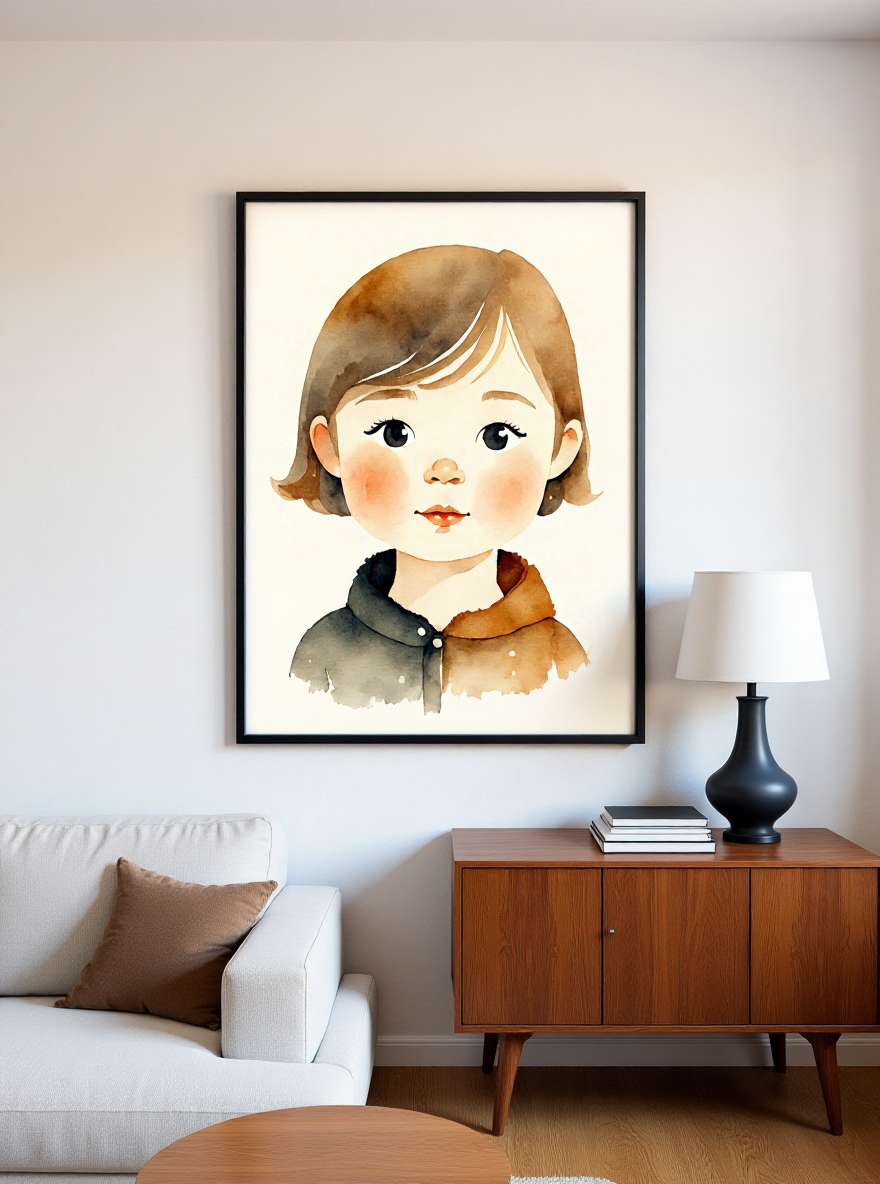 Framed artwork of a young girl in a living room setting with a sofa and lamp.