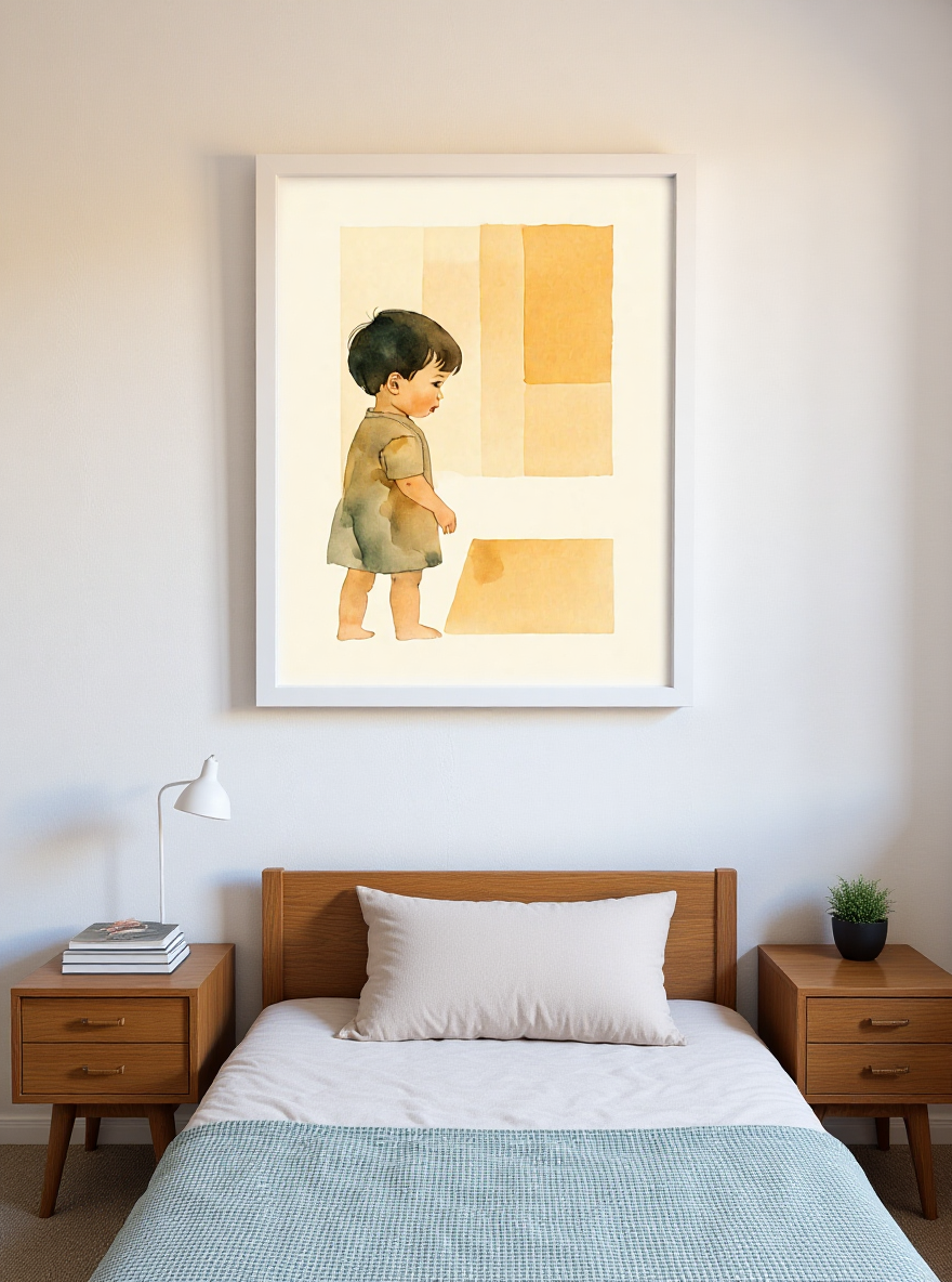 Framed artwork of a child standing on a light background in a bedroom setting.