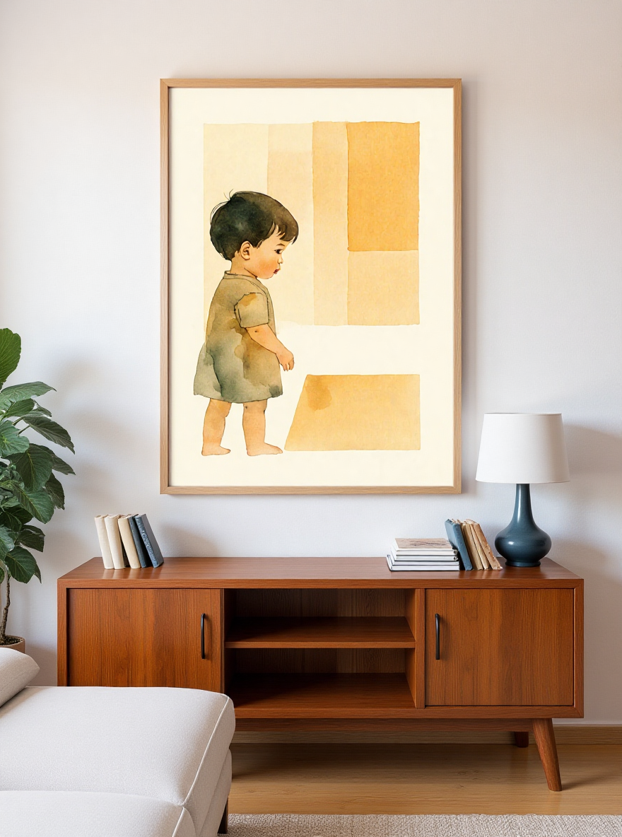 Framed artwork of a child standing on a yellow block in a living room setting.