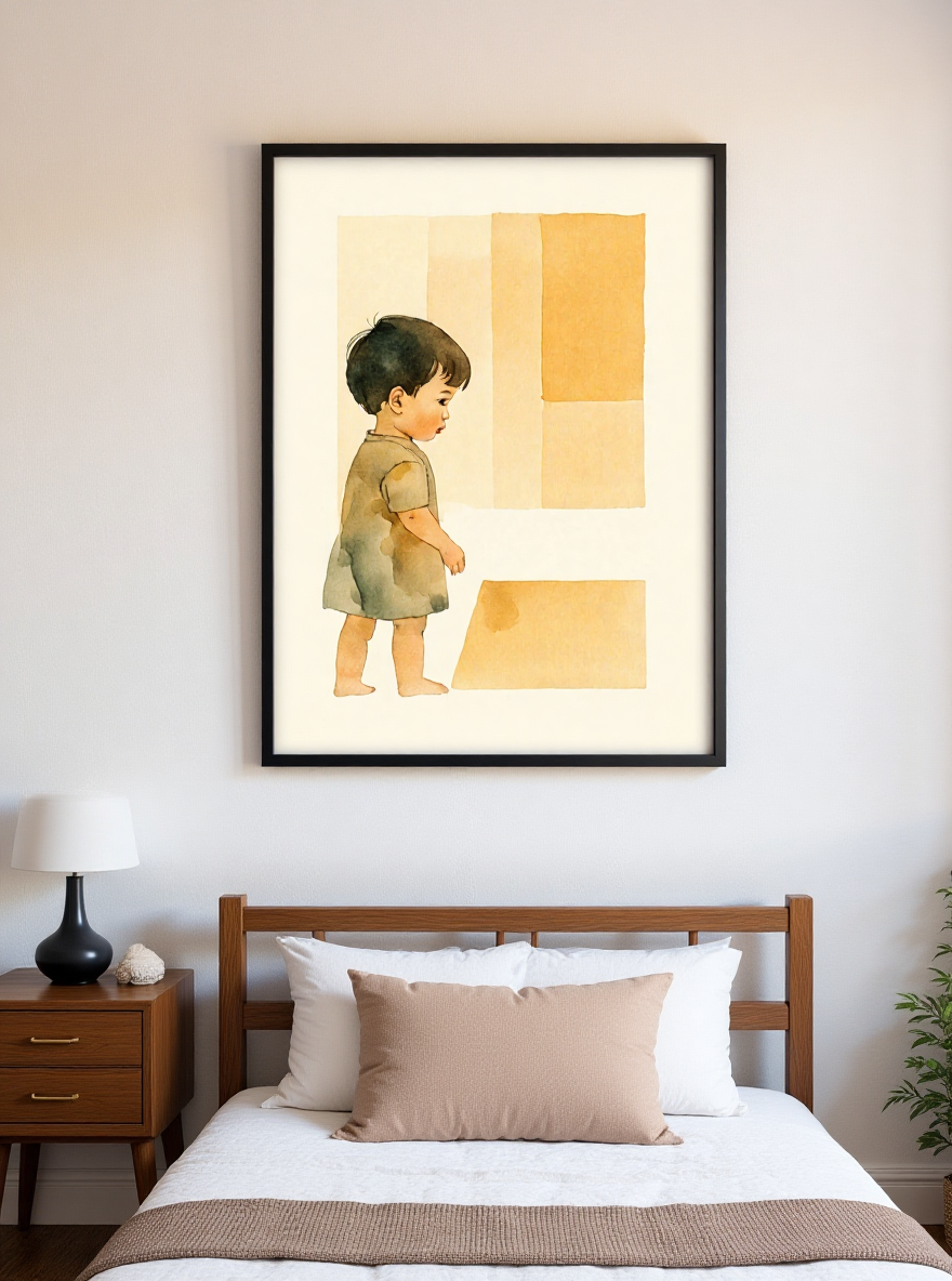 Framed artwork of a child holding a bag on a wall above a bed.