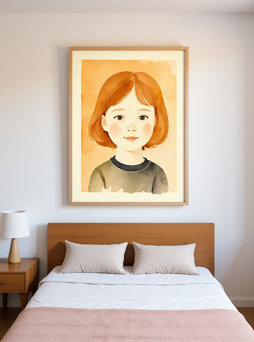 Framed artwork of a young girl on a wall above a bed.