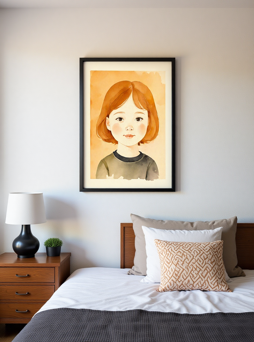 Framed artwork of a young girl on a wall above a bed with decorative pillows.