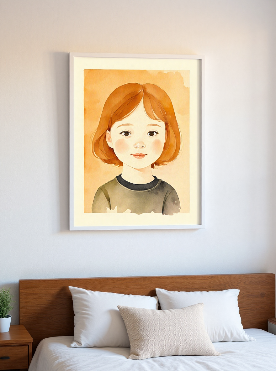 Framed portrait of a young girl with red hair above a bed in a bedroom.
