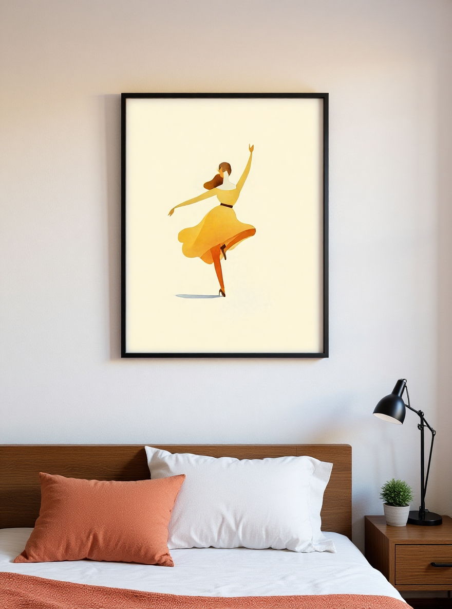 Framed artwork of a dancer in a yellow dress on a wall above a bed.