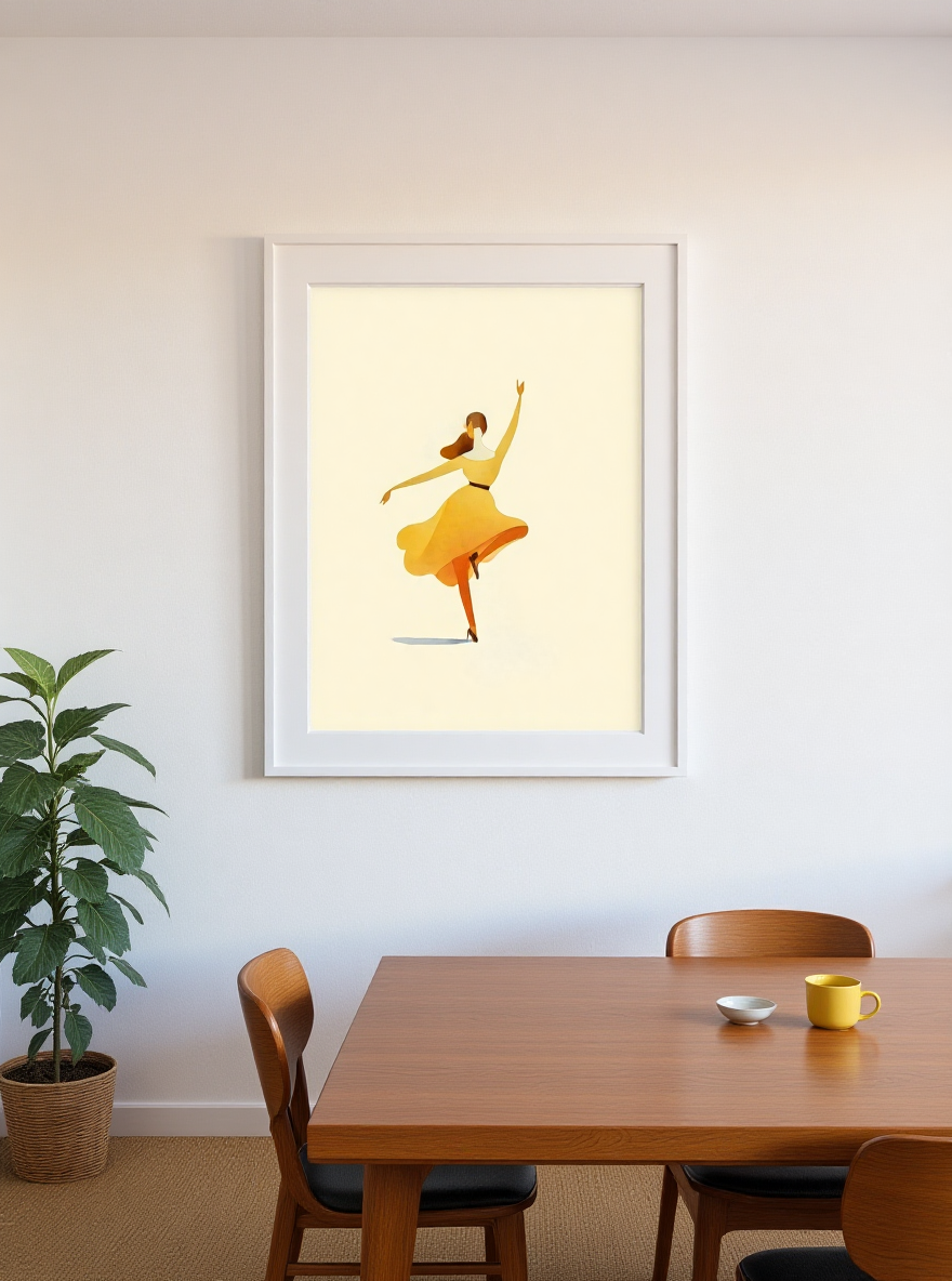 Framed artwork of a dancer in a yellow dress on a wall above a dining table.