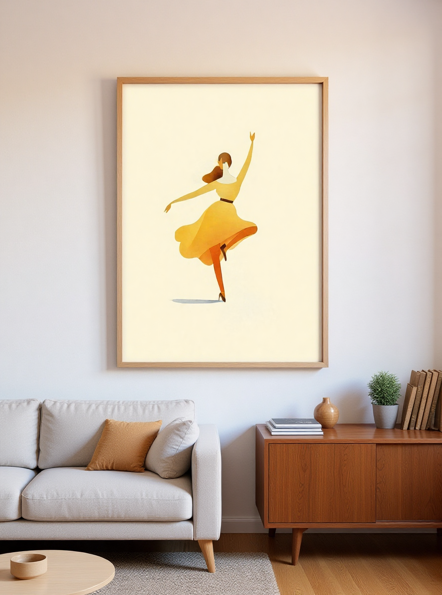 Framed artwork of a dancer in a yellow dress on a wall above a sofa in a living room.