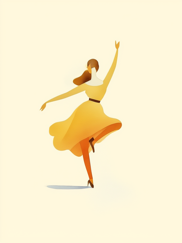 Illustration of a woman in a yellow dress dancing on a beige background