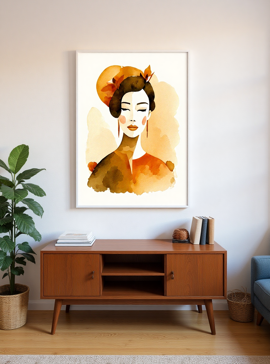 Framed artwork of a stylized woman's portrait in a modern living room.