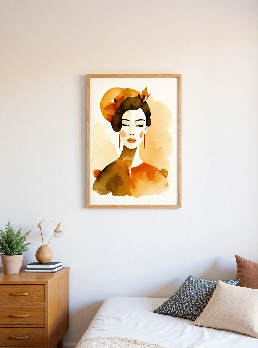 Framed artwork of a stylized face on a wall above a bed with a wooden nightstand.