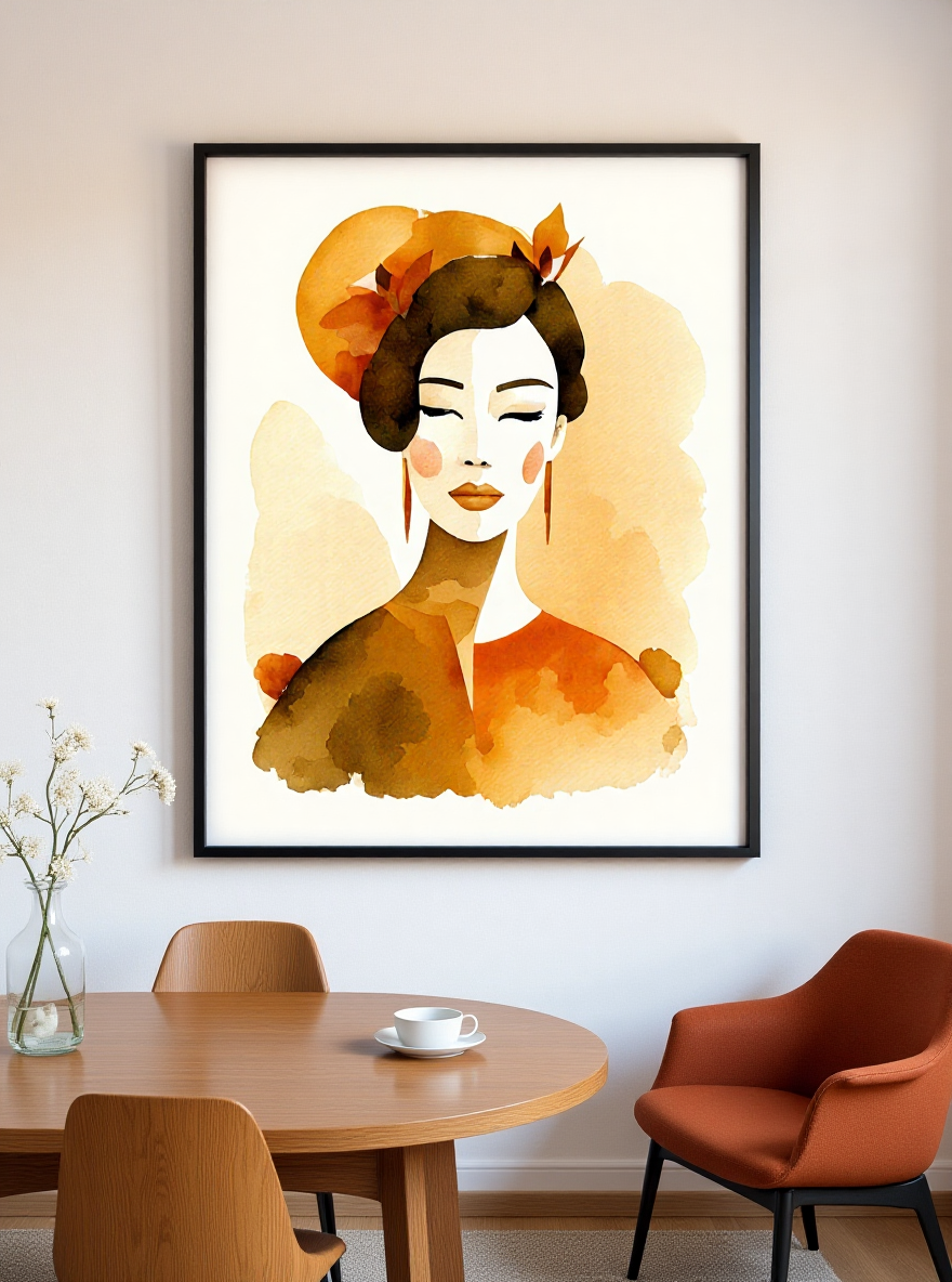 Framed artwork of a stylized woman's portrait in a modern interior setting.
